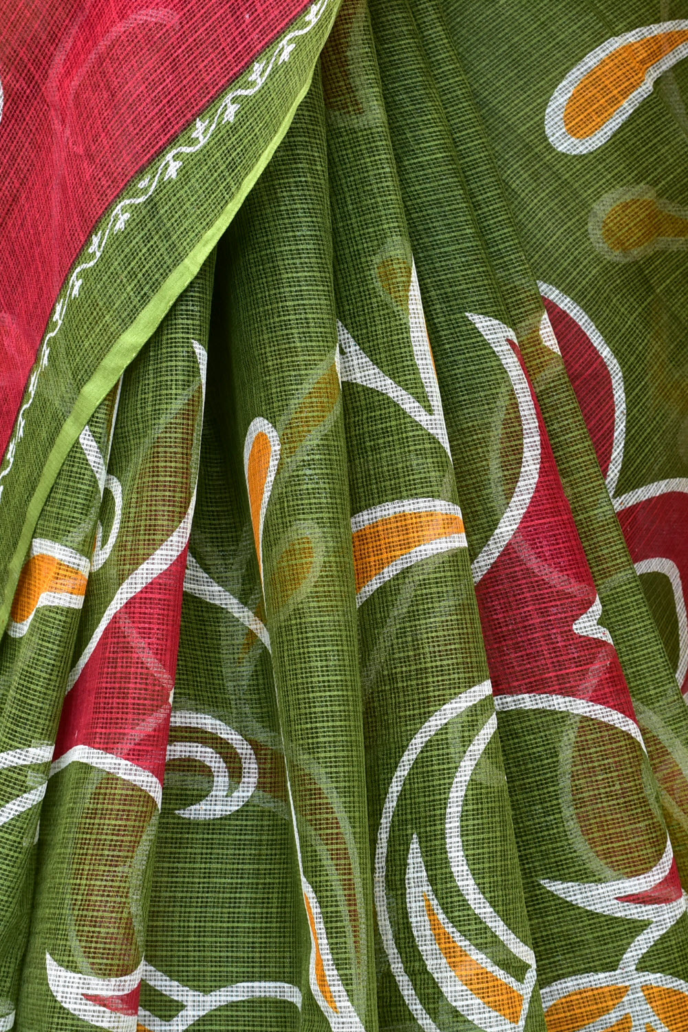Mehandi Green-Pink Kota Doria Floral Print Handloom Pure Cotton Saree without Blouse 15659