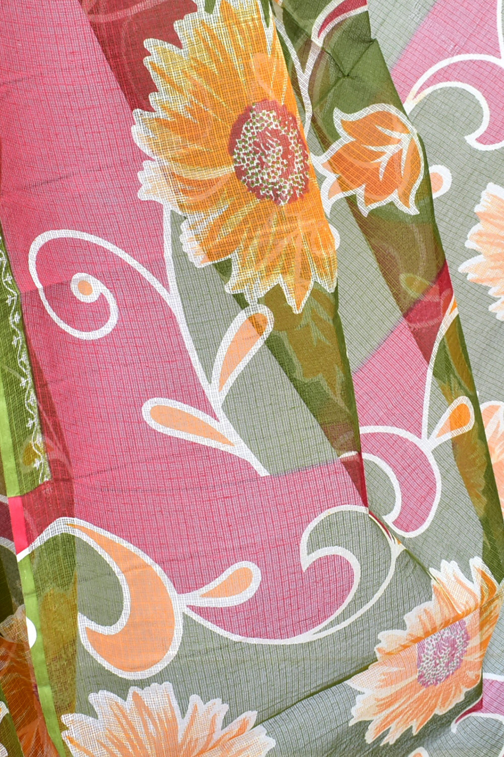 Mehandi Green-Pink Kota Doria Floral Print Handloom Pure Cotton Saree without Blouse 15659