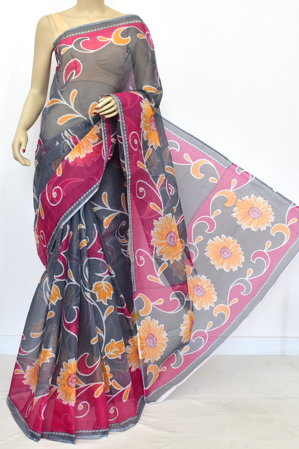Grey-Pink Kota Doria Floral Print Handloom Pure Cotton Saree without Blouse 15660