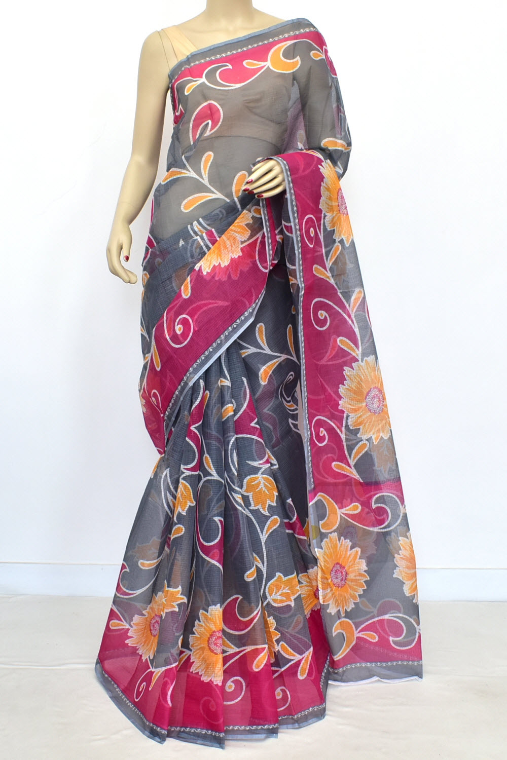 Grey-Pink Kota Doria Floral Print Handloom Pure Cotton Saree without Blouse 15660