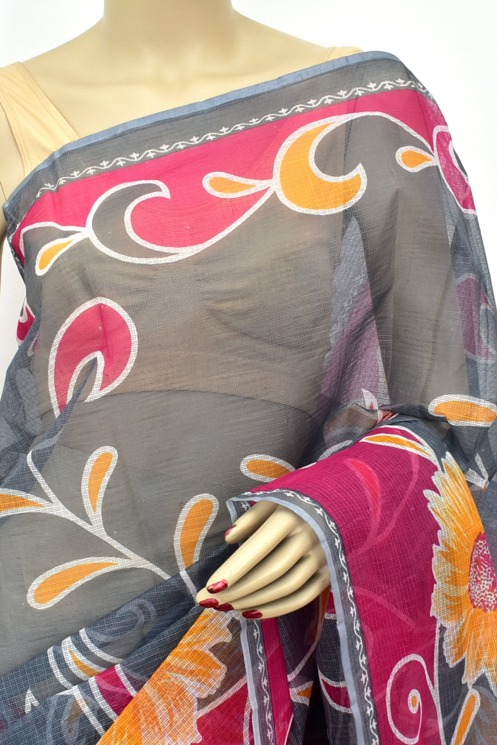 Grey-Pink Kota Doria Floral Print Handloom Pure Cotton Saree without Blouse 15660