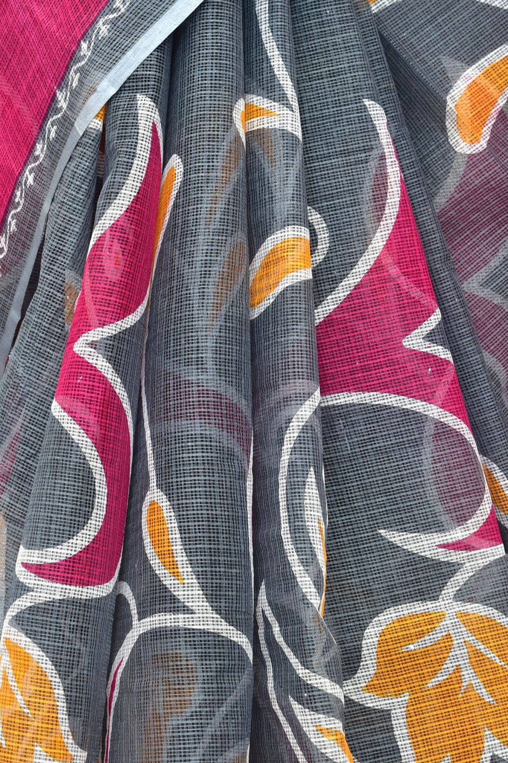 Grey-Pink Kota Doria Floral Print Handloom Pure Cotton Saree without Blouse 15660