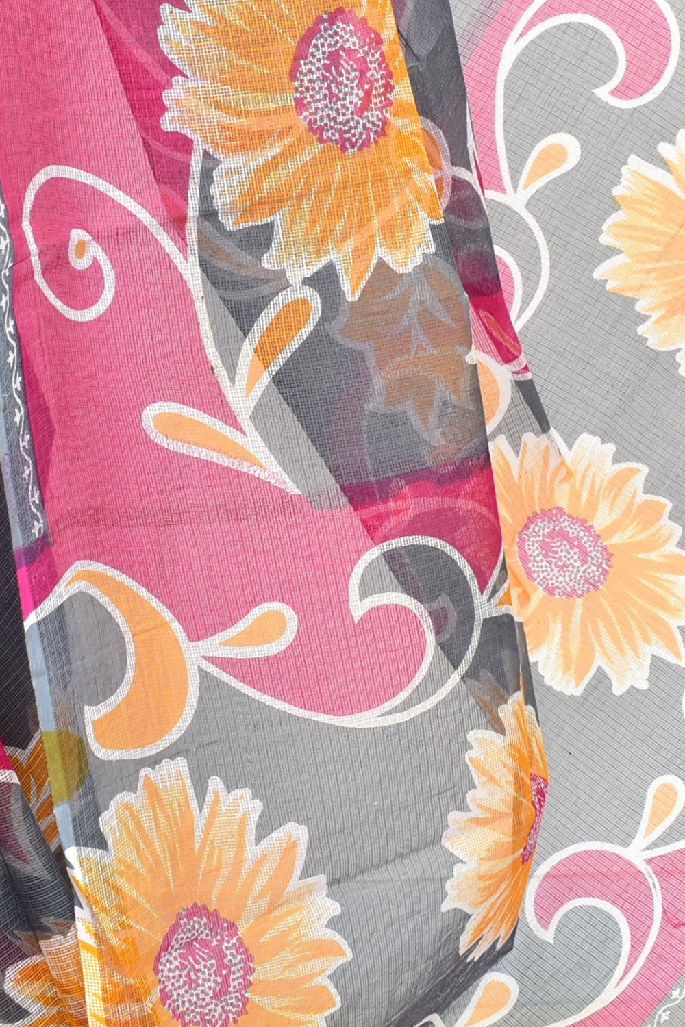 Grey-Pink Kota Doria Floral Print Handloom Pure Cotton Saree without Blouse 15660