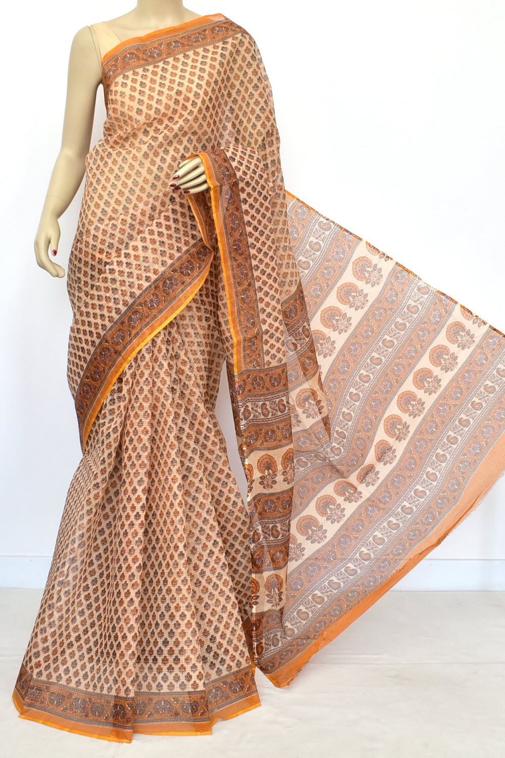 Yellow-Brown Kota Doria Printed Allover Booti Handloom Pure Cotton Saree without Blouse 15662