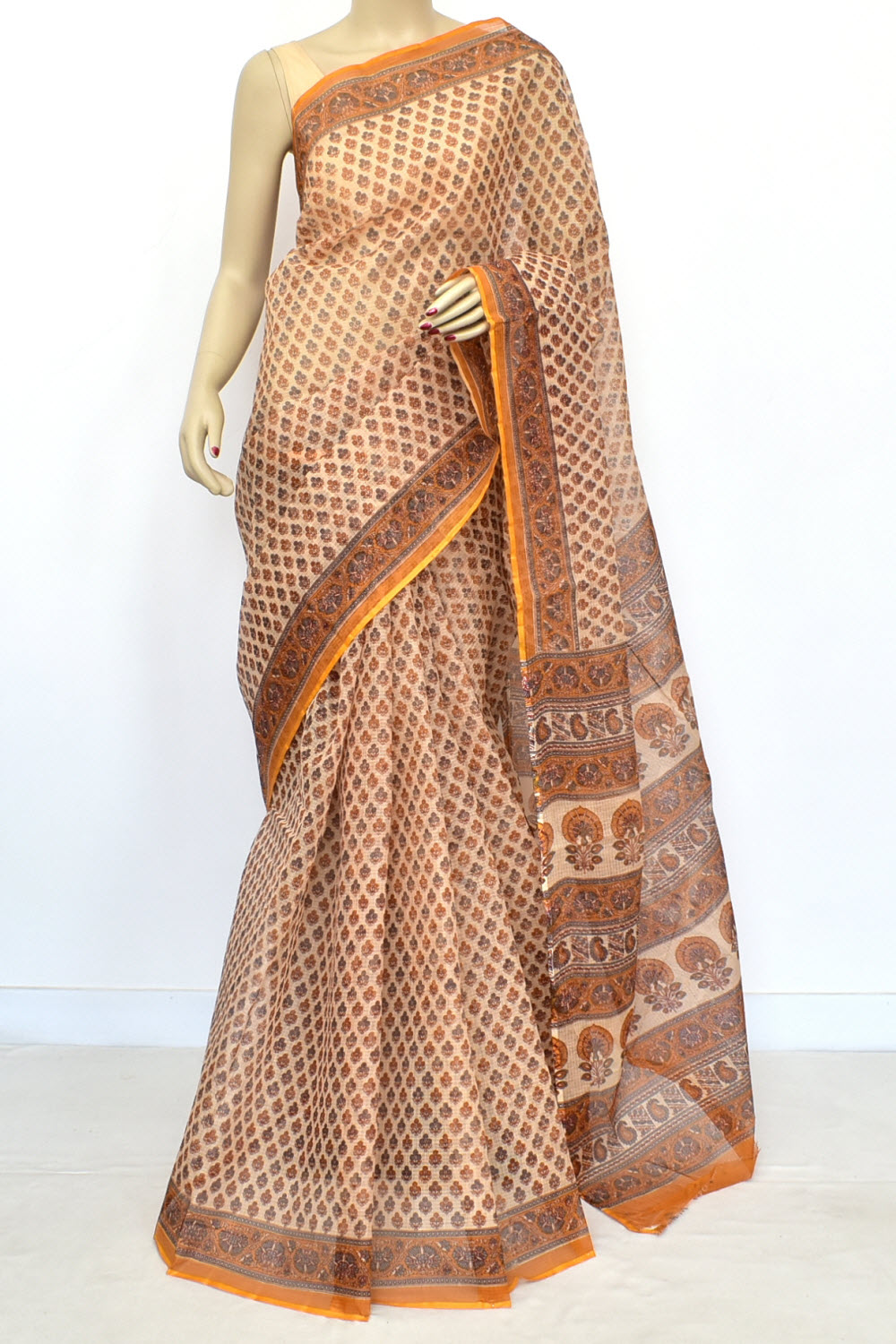 Yellow-Brown Kota Doria Printed Allover Booti Handloom Pure Cotton Saree without Blouse 15662