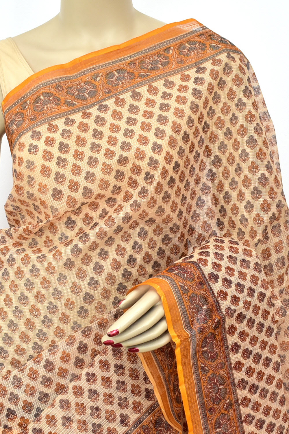 Yellow-Brown Kota Doria Printed Allover Booti Handloom Pure Cotton Saree without Blouse 15662