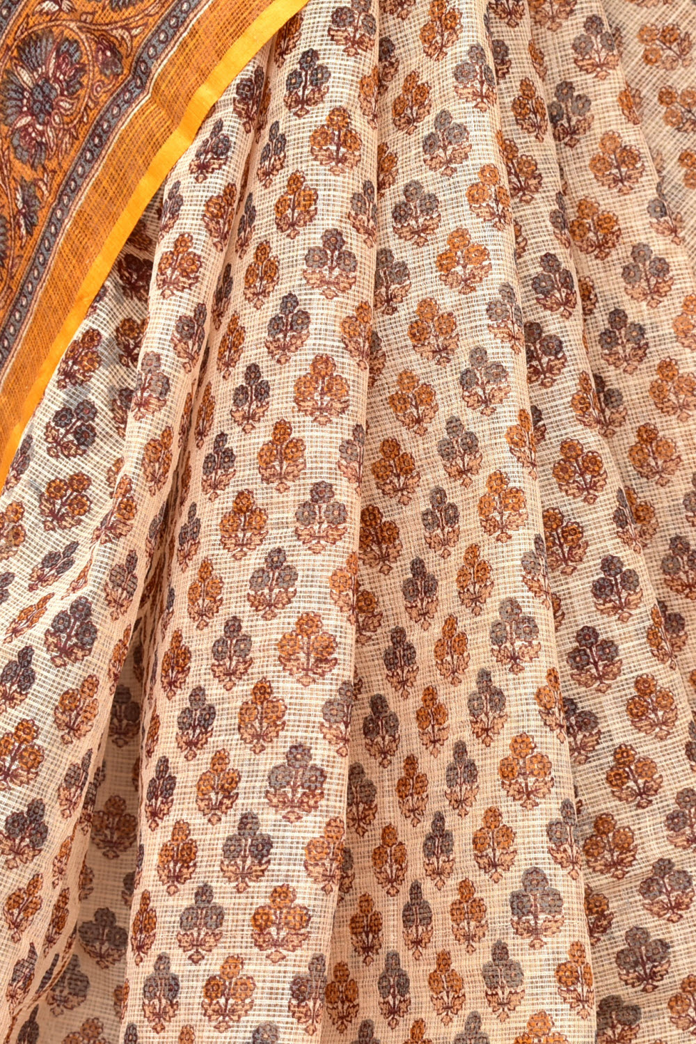 Yellow-Brown Kota Doria Printed Allover Booti Handloom Pure Cotton Saree without Blouse 15662