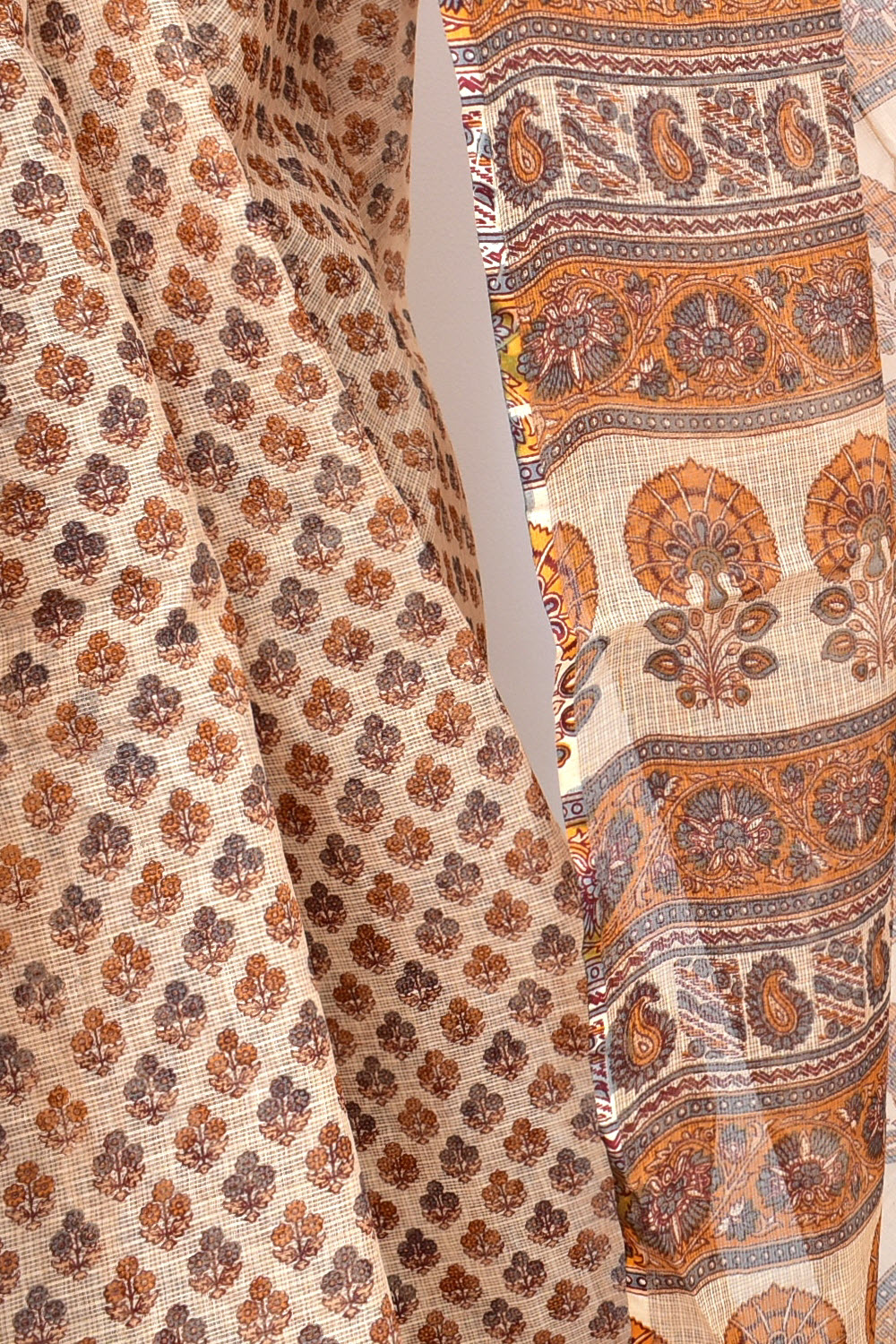 Yellow-Brown Kota Doria Printed Allover Booti Handloom Pure Cotton Saree without Blouse 15662