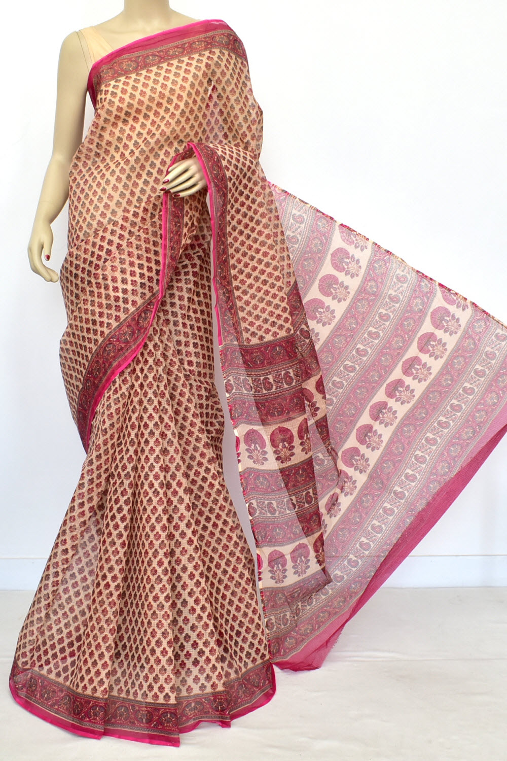 Pink-Brown Kota Doria Printed Allover Booti Handloom Pure Cotton Saree without Blouse 15663