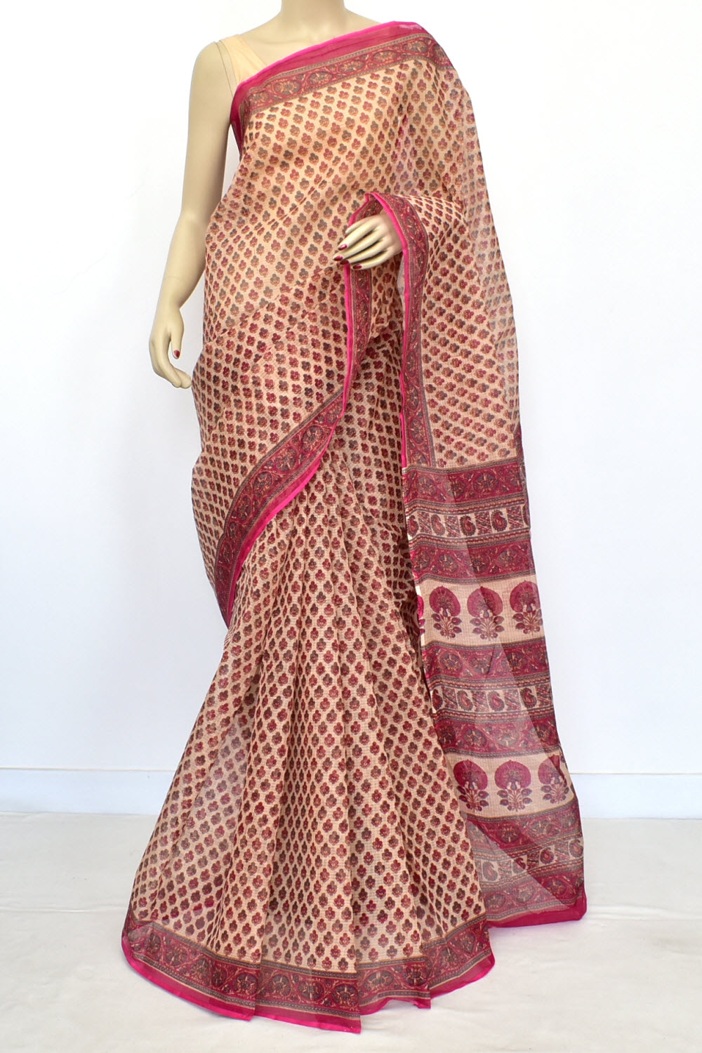 Pink-Brown Kota Doria Printed Allover Booti Handloom Pure Cotton Saree without Blouse 15663
