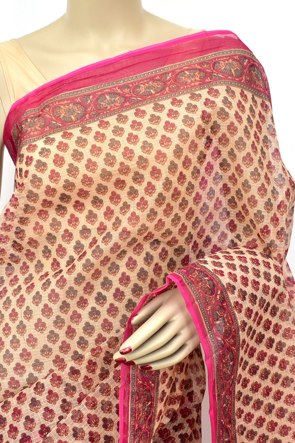 Pink-Brown Kota Doria Printed Allover Booti Handloom Pure Cotton Saree without Blouse 15663