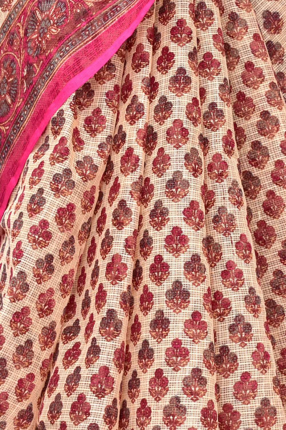 Pink-Brown Kota Doria Printed Allover Booti Handloom Pure Cotton Saree without Blouse 15663