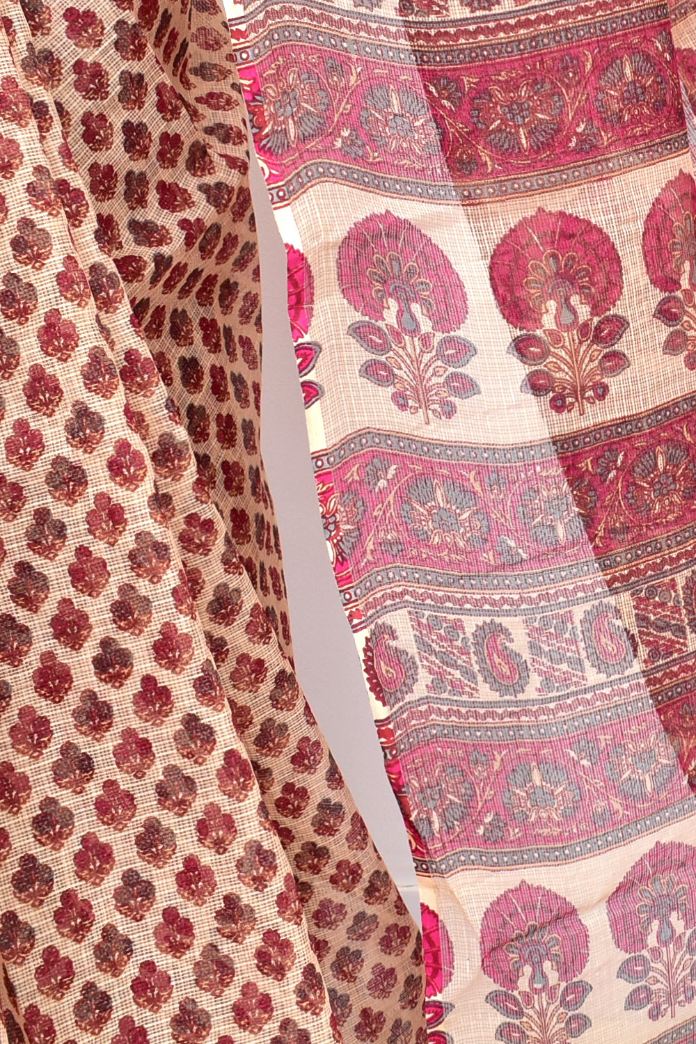 Pink-Brown Kota Doria Printed Allover Booti Handloom Pure Cotton Saree without Blouse 15663