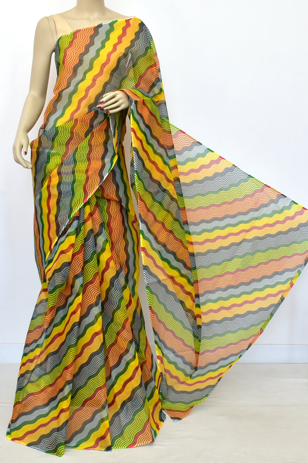 Multi-Color Kota Doria Laharia Handloom Pure Cotton Saree without Blouse 15664