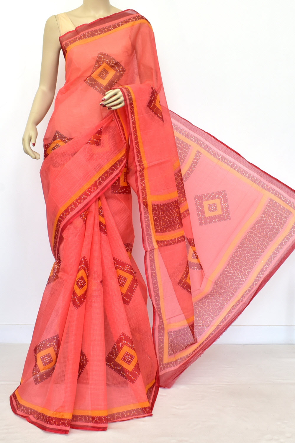 Peach Kota Doria Chunri Printed Handloom Pure Cotton Saree without Blouse 15667