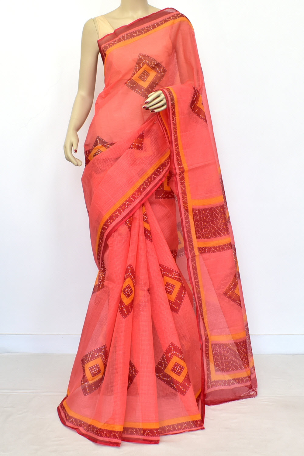 Peach Kota Doria Chunri Printed Handloom Pure Cotton Saree without Blouse 15667