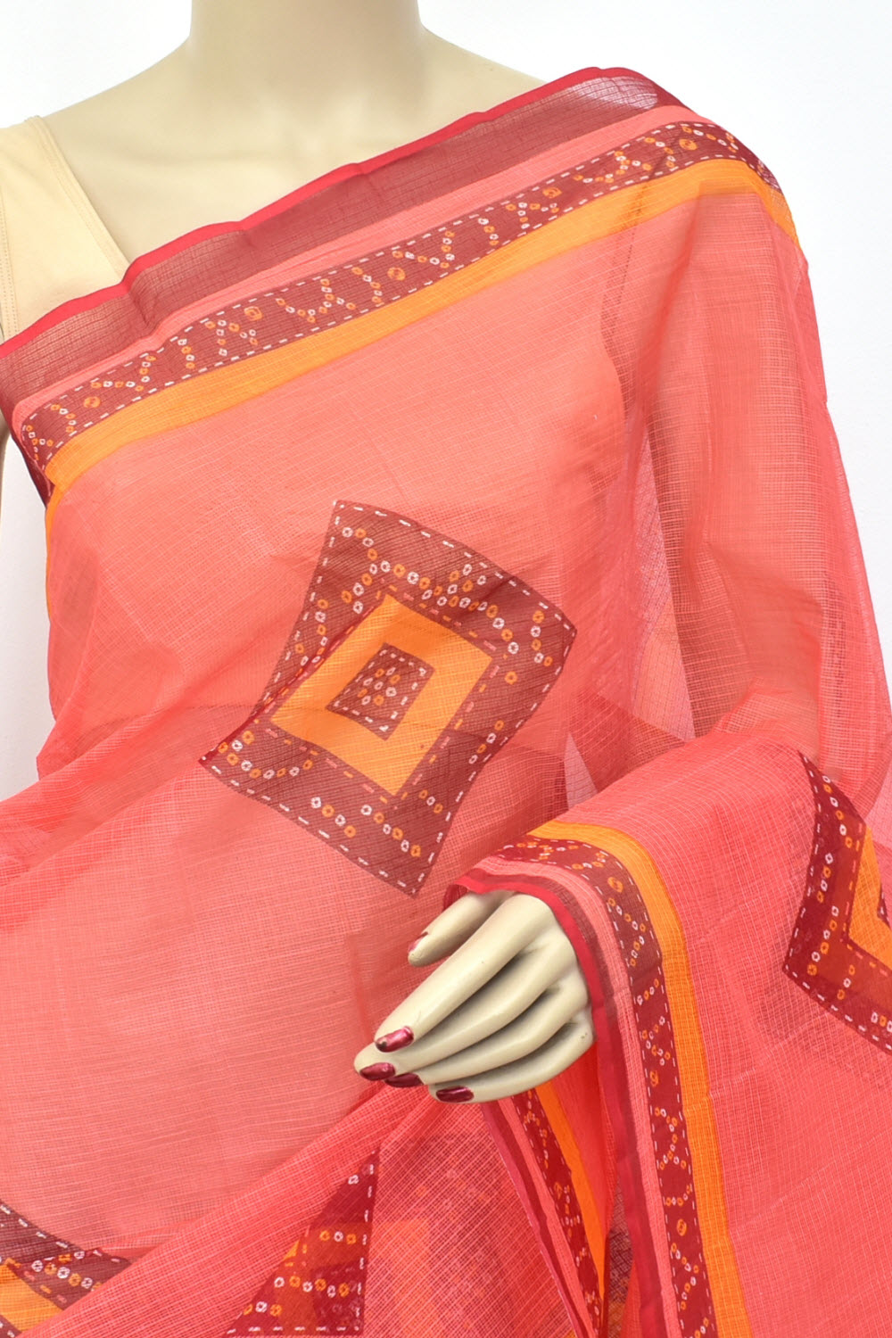 Peach Kota Doria Chunri Printed Handloom Pure Cotton Saree without Blouse 15667