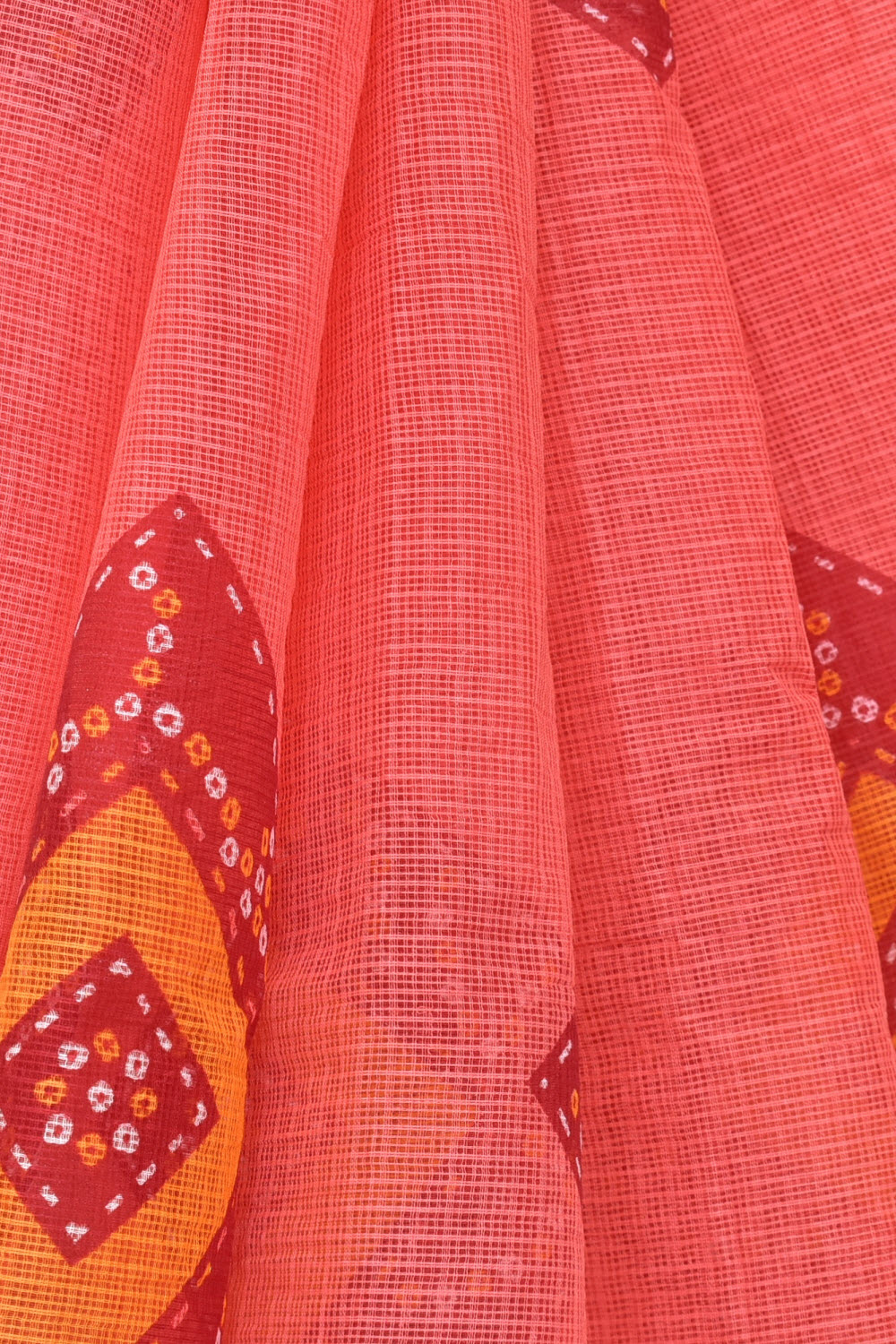 Peach Kota Doria Chunri Printed Handloom Pure Cotton Saree without Blouse 15667