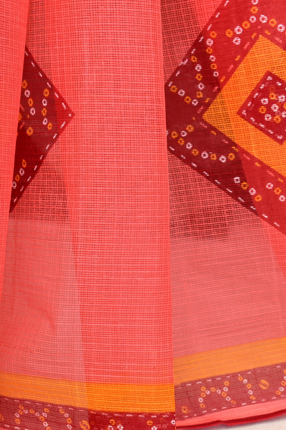 Peach Kota Doria Chunri Printed Handloom Pure Cotton Saree without Blouse 15667