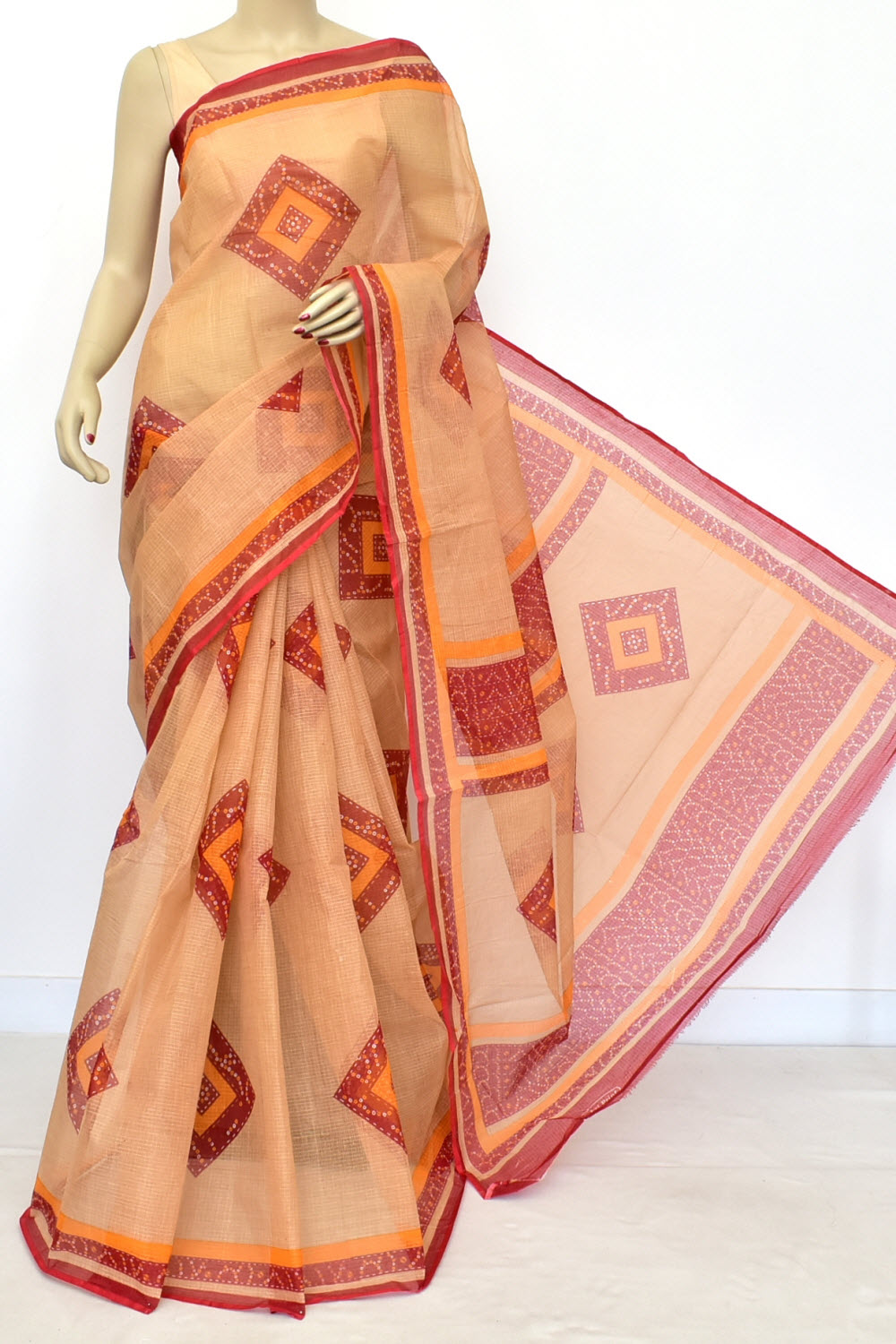 Fawn Kota Doria Chunri Printed Handloom Pure Cotton Saree without Blouse 15668