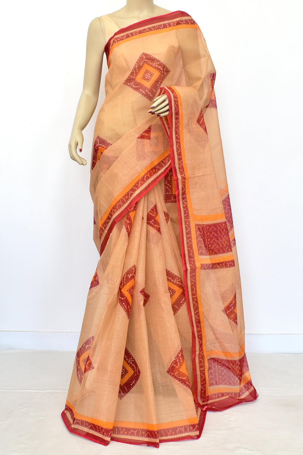 Fawn Kota Doria Chunri Printed Handloom Pure Cotton Saree without Blouse 15668