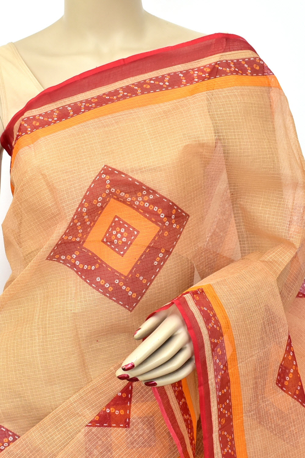 Fawn Kota Doria Chunri Printed Handloom Pure Cotton Saree without Blouse 15668