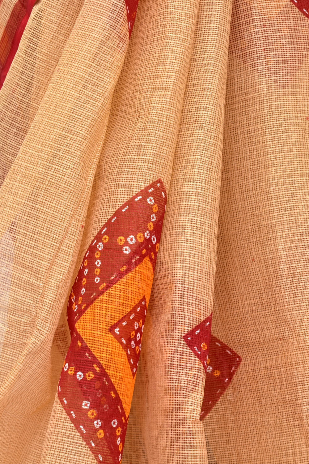 Fawn Kota Doria Chunri Printed Handloom Pure Cotton Saree without Blouse 15668