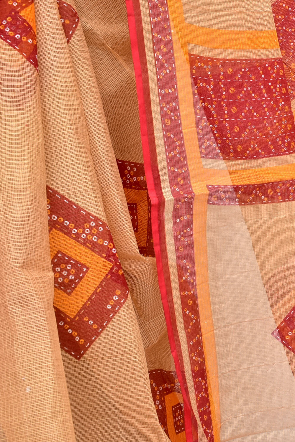 Fawn Kota Doria Chunri Printed Handloom Pure Cotton Saree without Blouse 15668