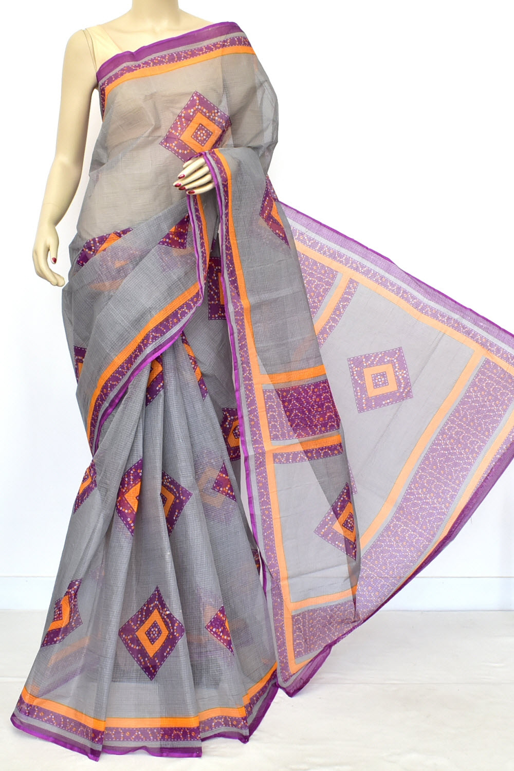 Grey Kota Doria Chunri Printed Handloom Pure Cotton Saree without Blouse 15669