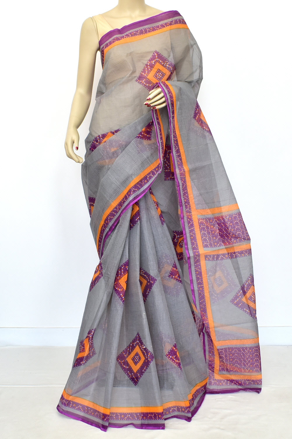 Grey Kota Doria Chunri Printed Handloom Pure Cotton Saree without Blouse 15669