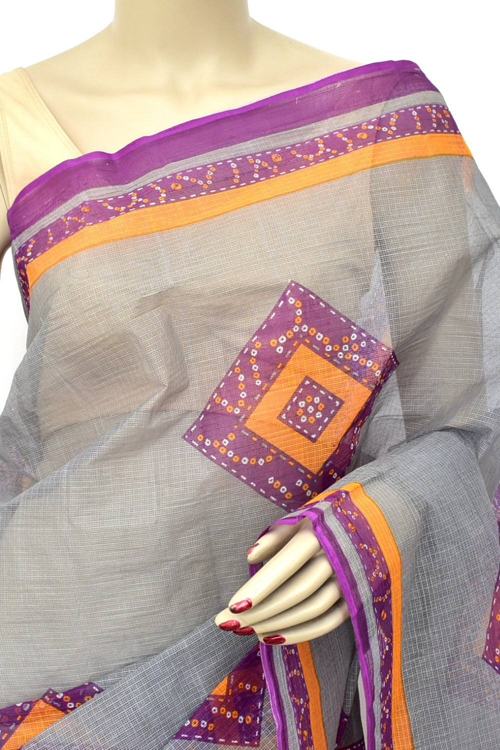 Grey Kota Doria Chunri Printed Handloom Pure Cotton Saree without Blouse 15669