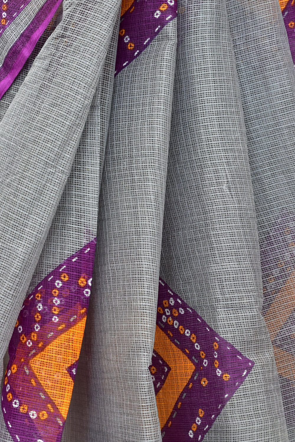 Grey Kota Doria Chunri Printed Handloom Pure Cotton Saree without Blouse 15669