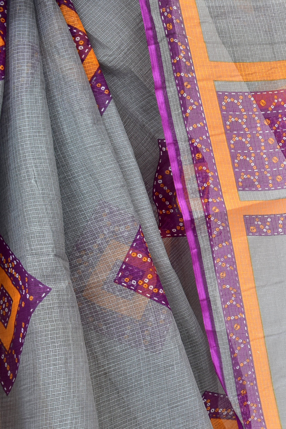 Grey Kota Doria Chunri Printed Handloom Pure Cotton Saree without Blouse 15669