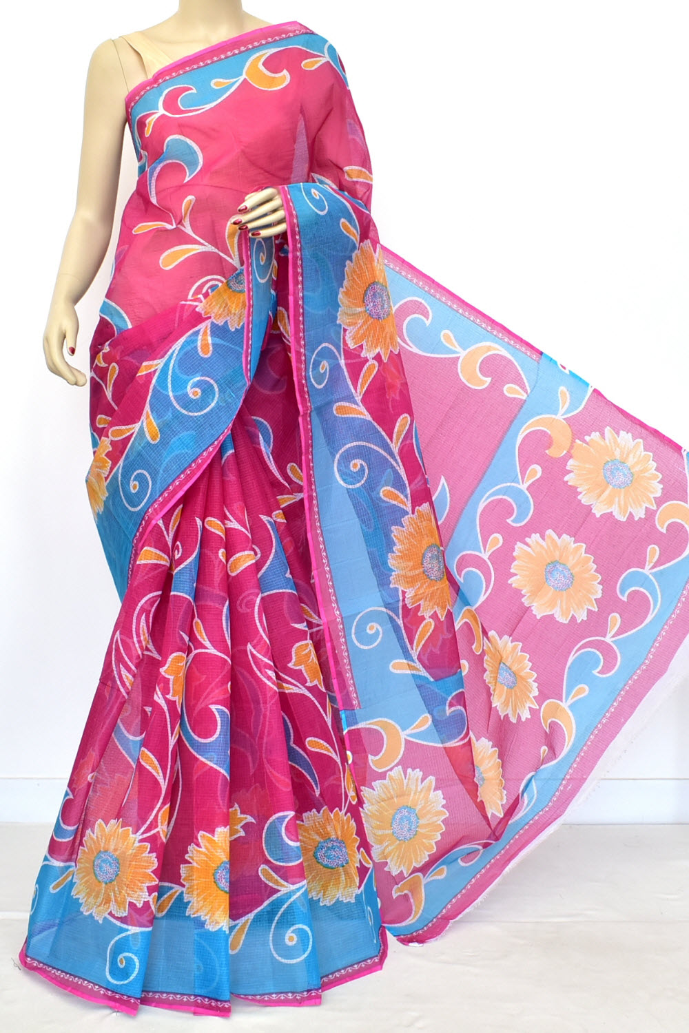 Pink-Pherozi Kota Doria Floral Printed Handloom Pure Cotton Saree without Blouse 15670