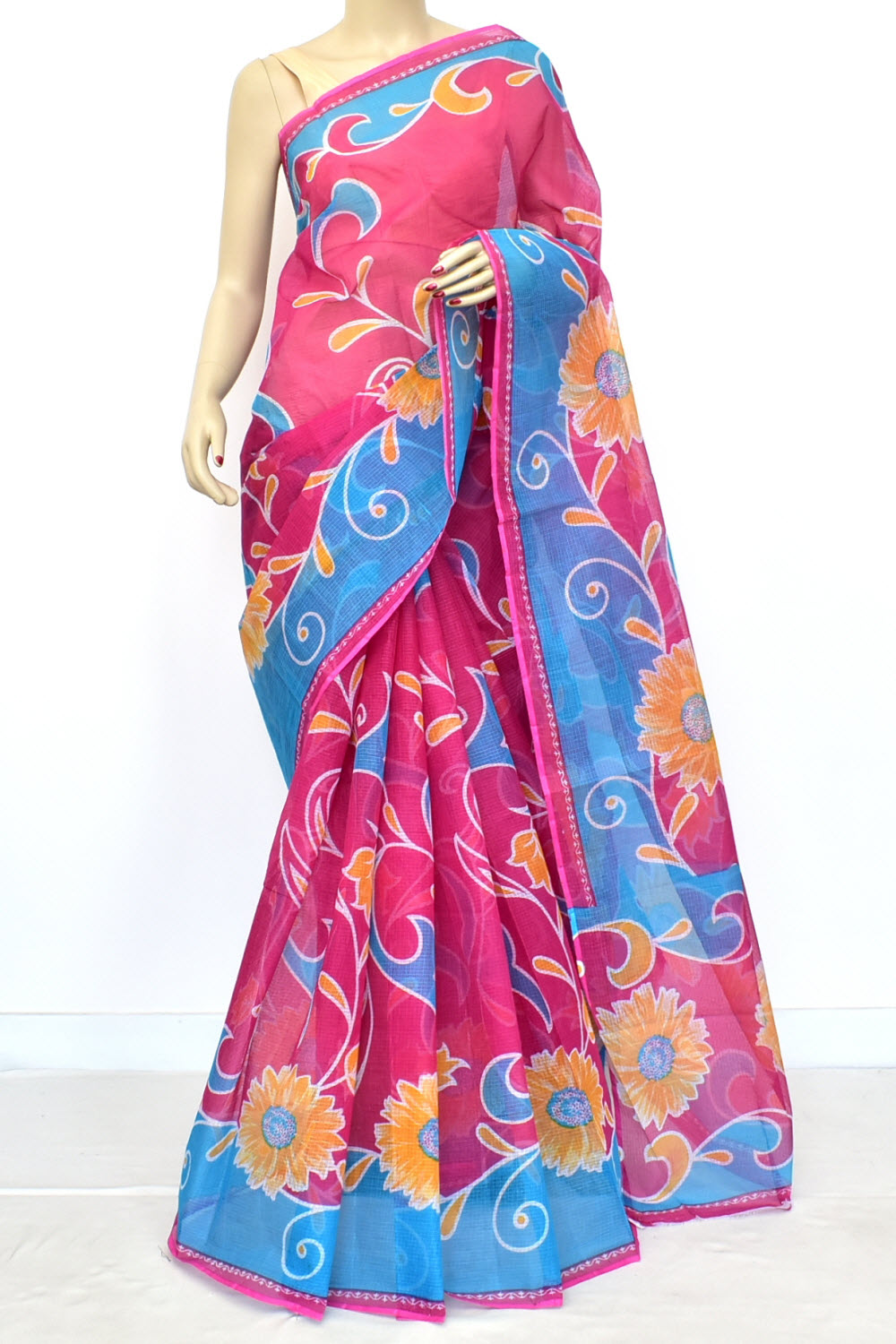 Pink-Pherozi Kota Doria Floral Printed Handloom Pure Cotton Saree without Blouse 15670