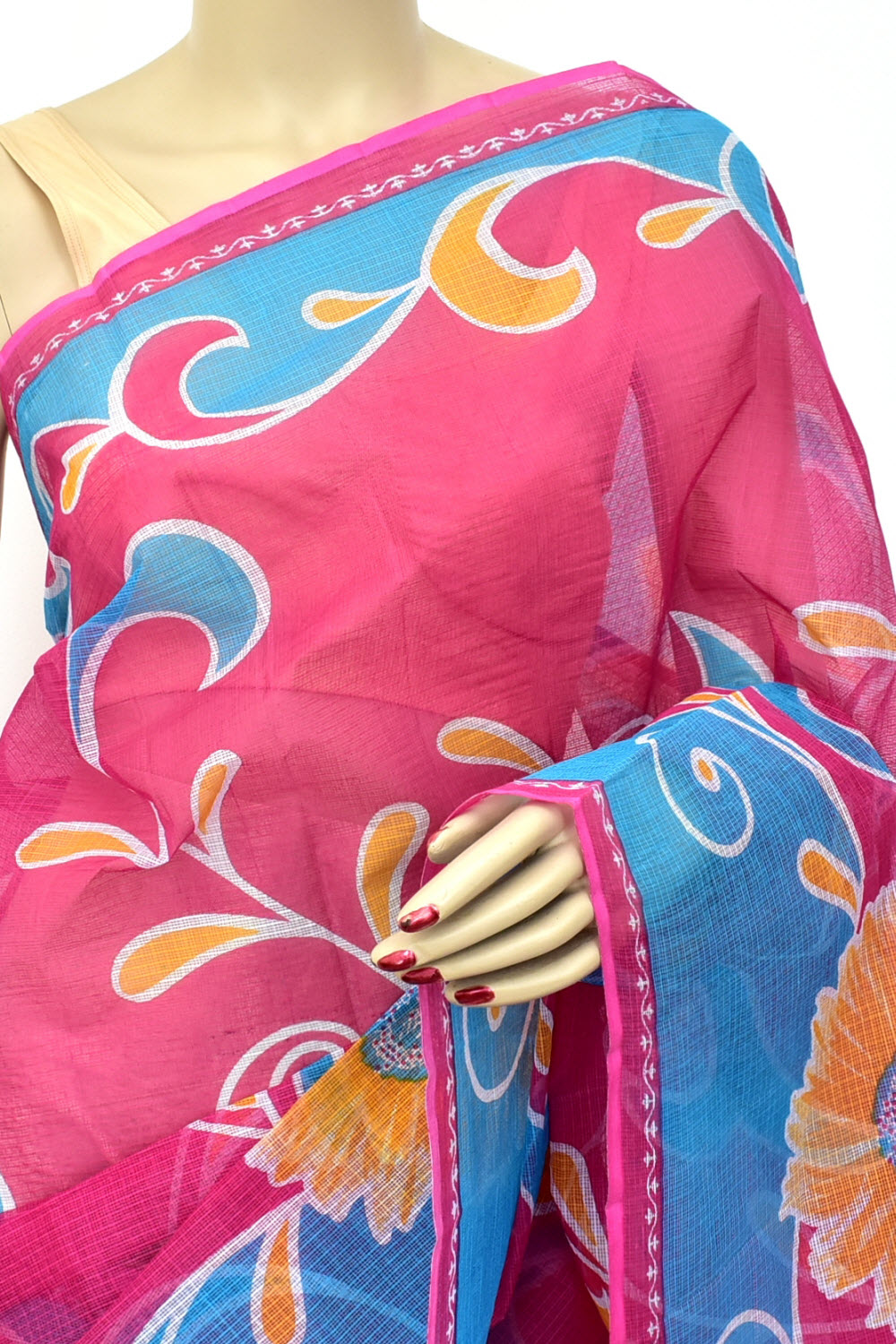 Pink-Pherozi Kota Doria Floral Printed Handloom Pure Cotton Saree without Blouse 15670