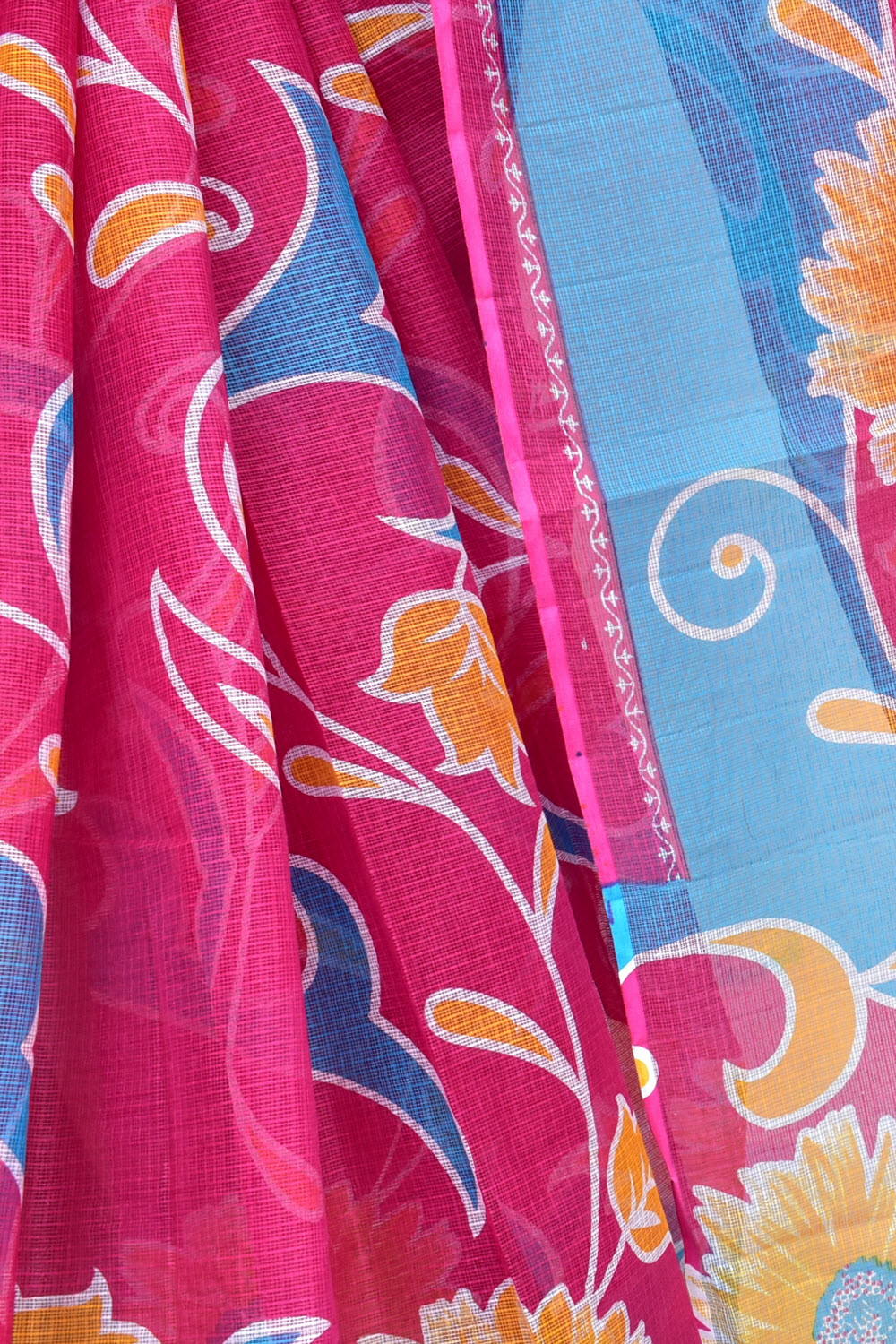 Pink-Pherozi Kota Doria Floral Printed Handloom Pure Cotton Saree without Blouse 15670