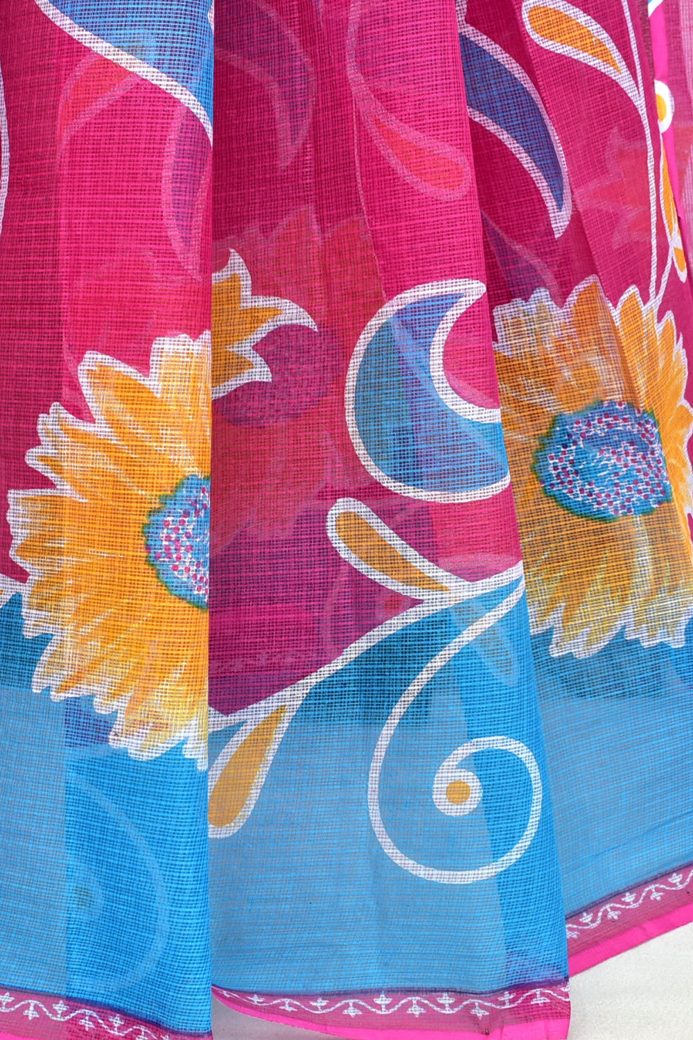 Pink-Pherozi Kota Doria Floral Printed Handloom Pure Cotton Saree without Blouse 15670