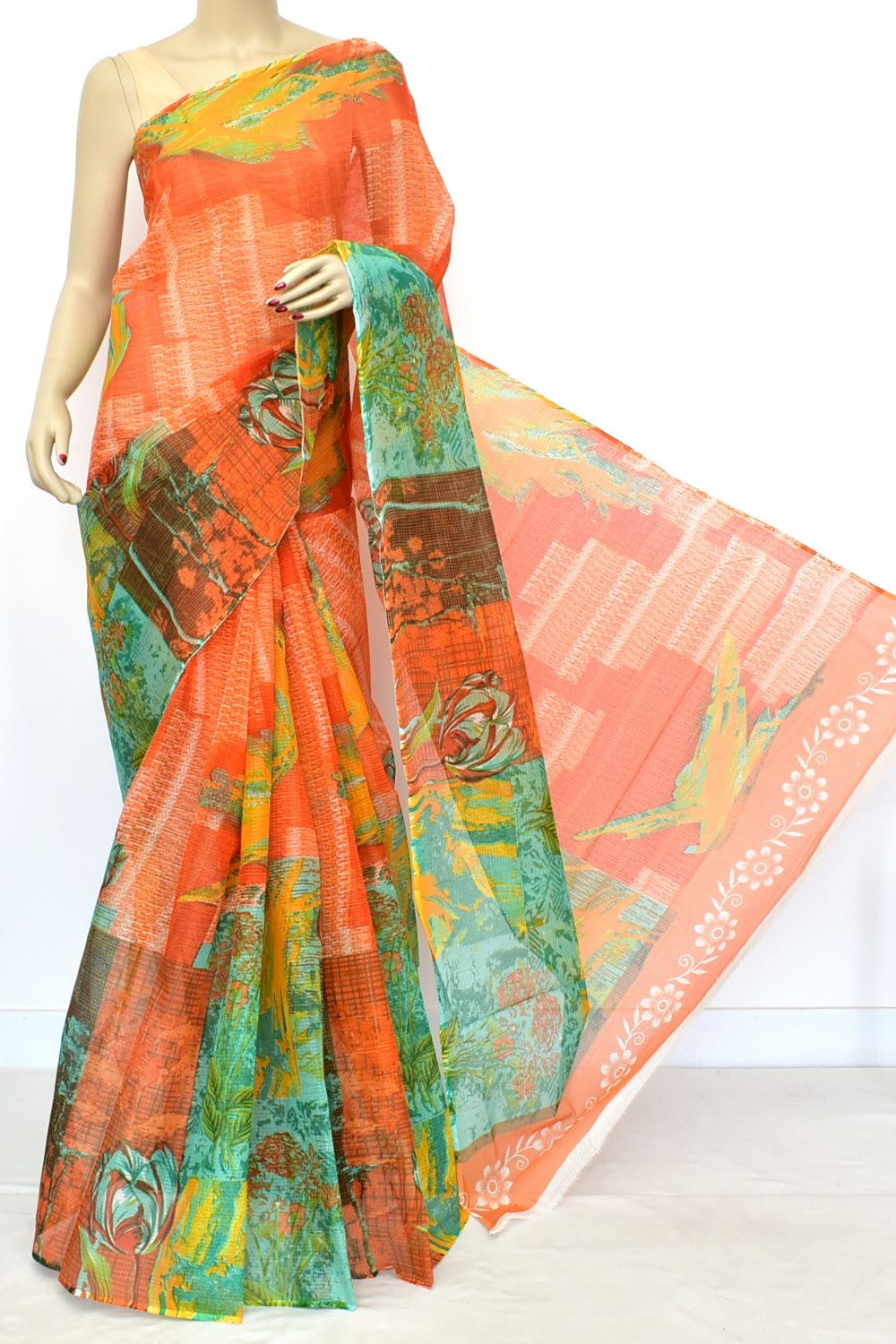Orange Green Kota Doria Digital Printed Handloom Pure Cotton Saree without Blouse 15671