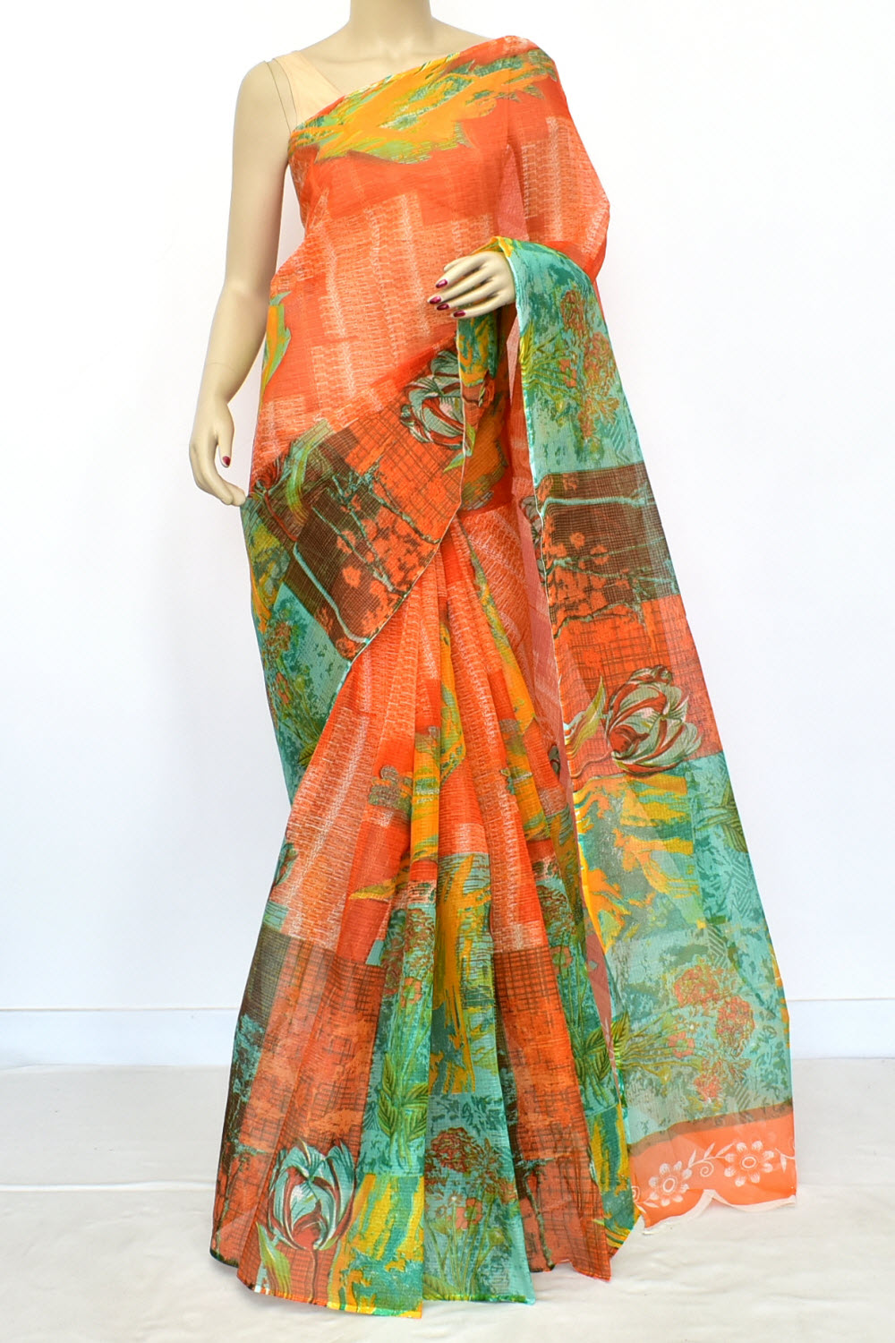 Orange Green Kota Doria Digital Printed Handloom Pure Cotton Saree without Blouse 15671