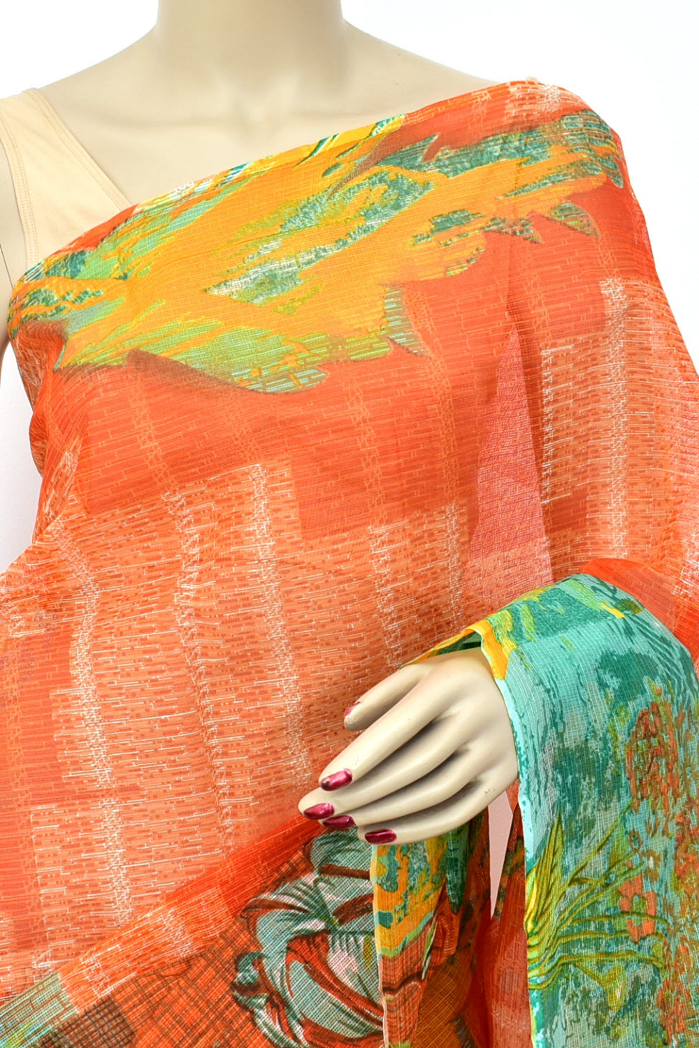 Orange Green Kota Doria Digital Printed Handloom Pure Cotton Saree without Blouse 15671