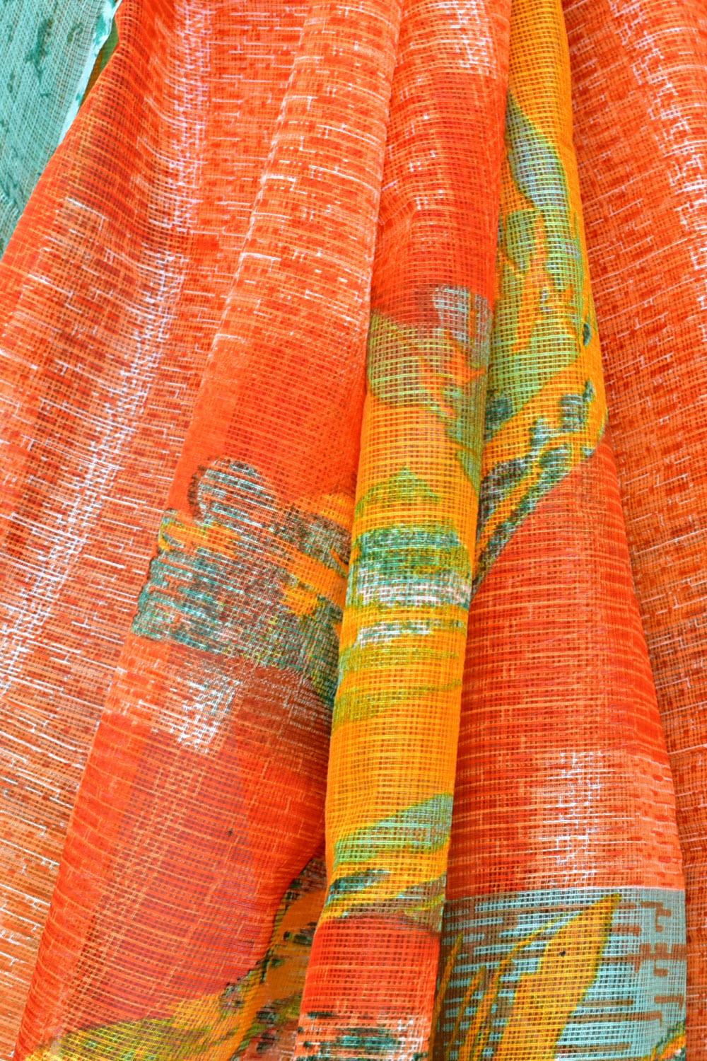 Orange Green Kota Doria Digital Printed Handloom Pure Cotton Saree without Blouse 15671