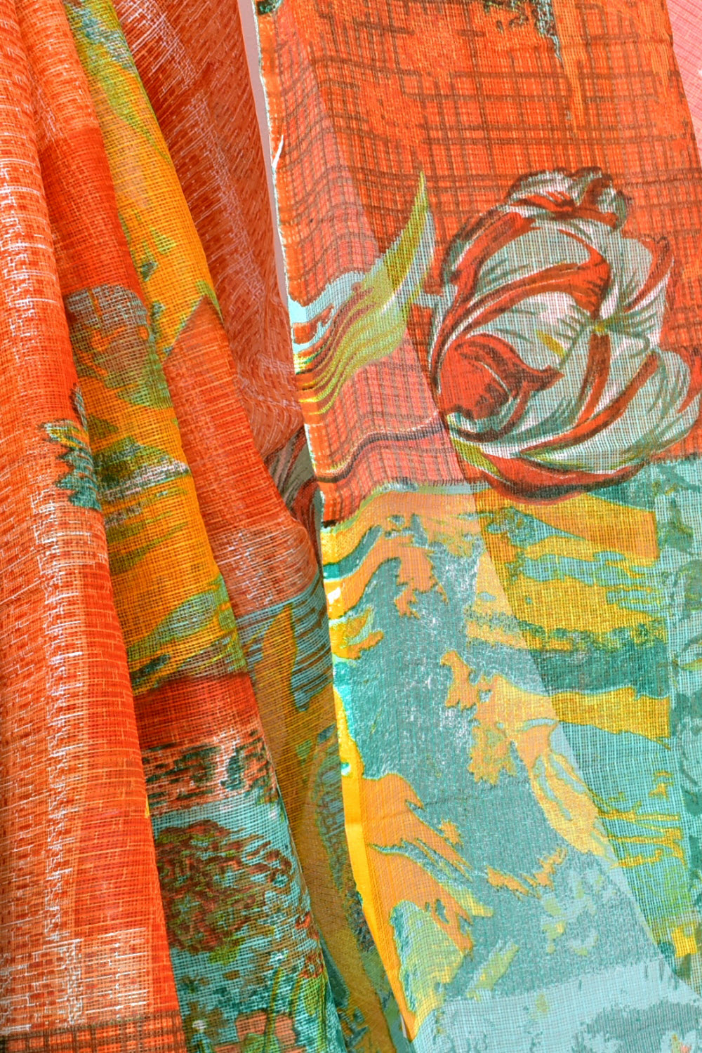 Orange Green Kota Doria Digital Printed Handloom Pure Cotton Saree without Blouse 15671