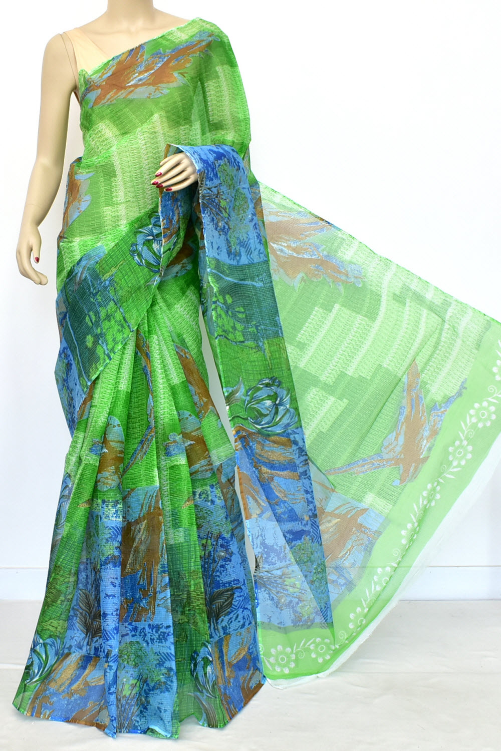 Green Blue Pure Cotton Kota Doria Saree Premium Quality Handwoven Digital Printed Saree without Blouse 15672