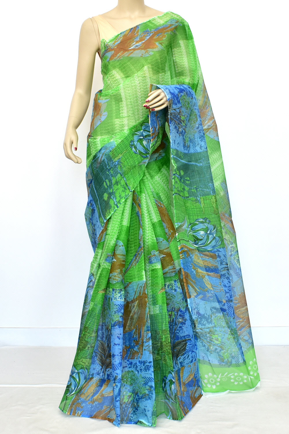 Green Blue Pure Cotton Kota Doria Saree Premium Quality Handwoven Digital Printed Saree without Blouse 15672