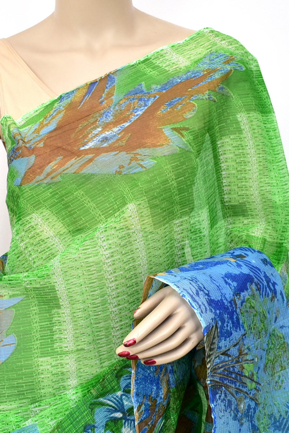Green Blue Pure Cotton Kota Doria Saree Premium Quality Handwoven Digital Printed Saree without Blouse 15672