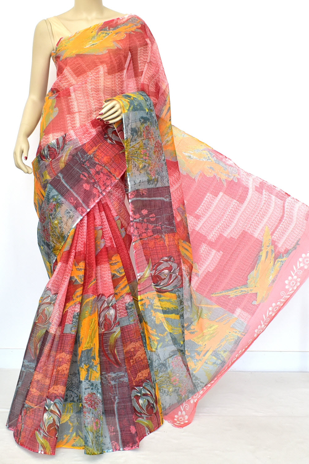 Peach Pure Cotton Kota Doria Saree Premium Quality Handwoven Digital Printed Saree without Blouse 15673