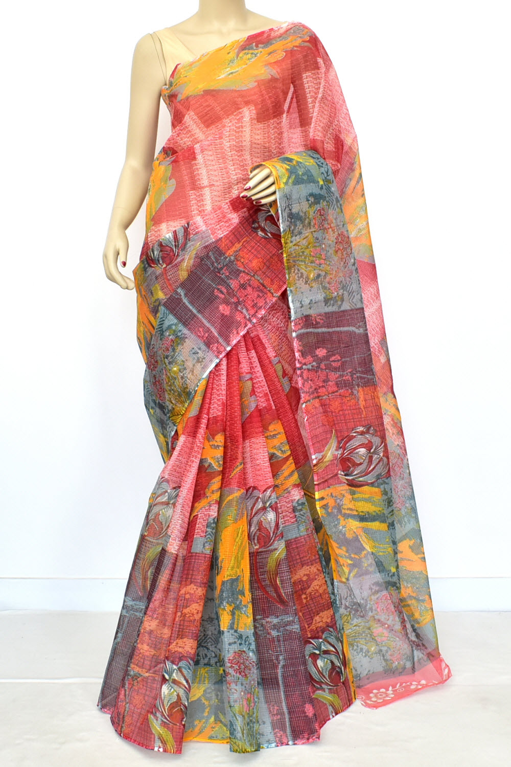 Peach Pure Cotton Kota Doria Saree Premium Quality Handwoven Digital Printed Saree without Blouse 15673