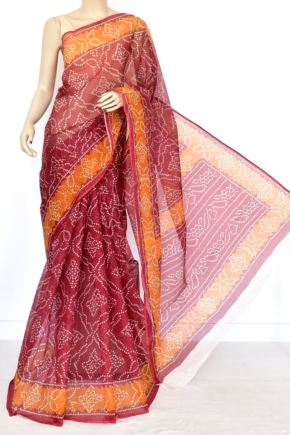 Maroon Mustard Pure Cotton Kota Doria Saree Premium Quality Handwoven Chunri Print Saree without Blouse 15676