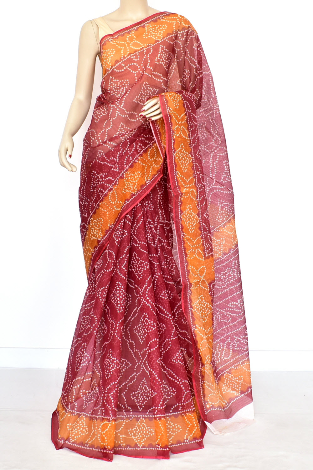 Maroon Mustard Pure Cotton Kota Doria Saree Premium Quality Handwoven Chunri Print Saree without Blouse 15676